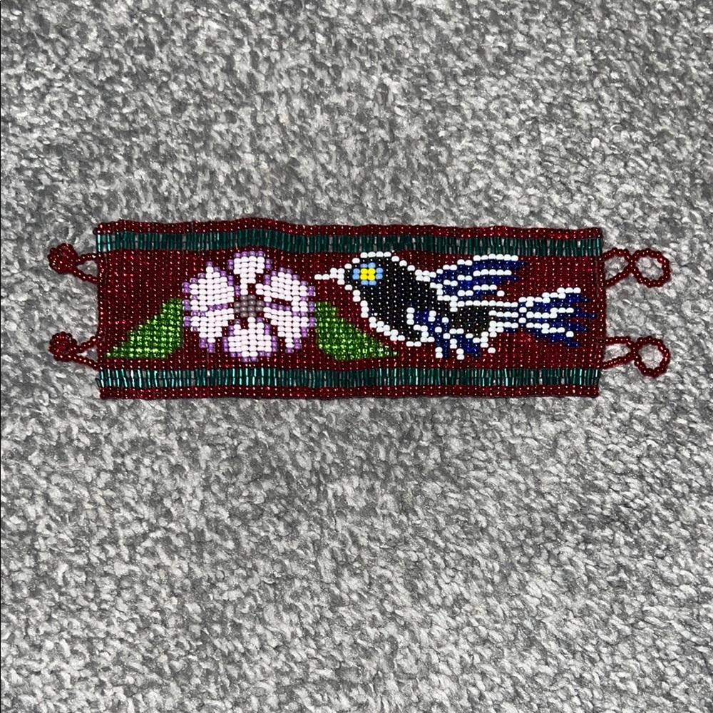 Handmade Red Beaded Hummingbird & Flower Bracelet